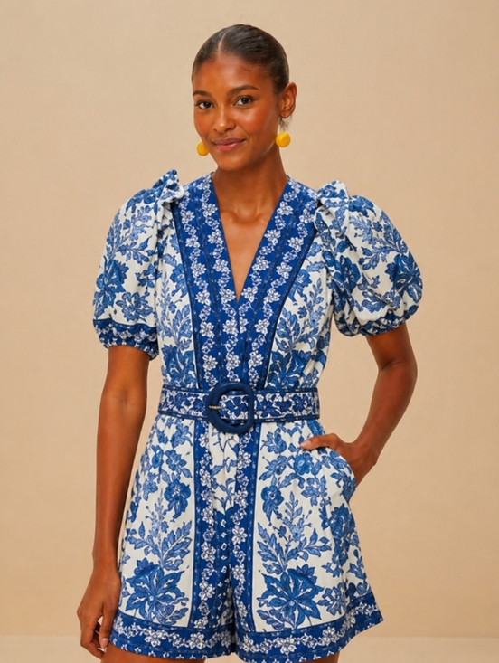 FARM Rio Pants - Farm Rio White & Blue Floral Button-Front Mini Romper with Belt